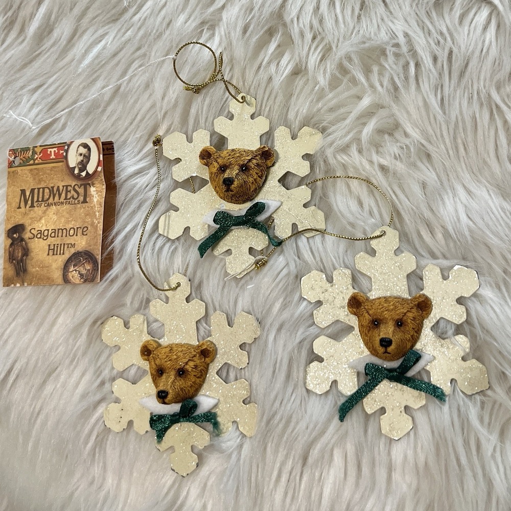 2002 Vintage Midwest Bear Face On Snowflake Ornament NOS Set of 3‎